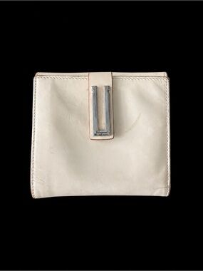 Salvatore Ferragamo Cream Leather Compact Wallet with Silver-Tone Clip